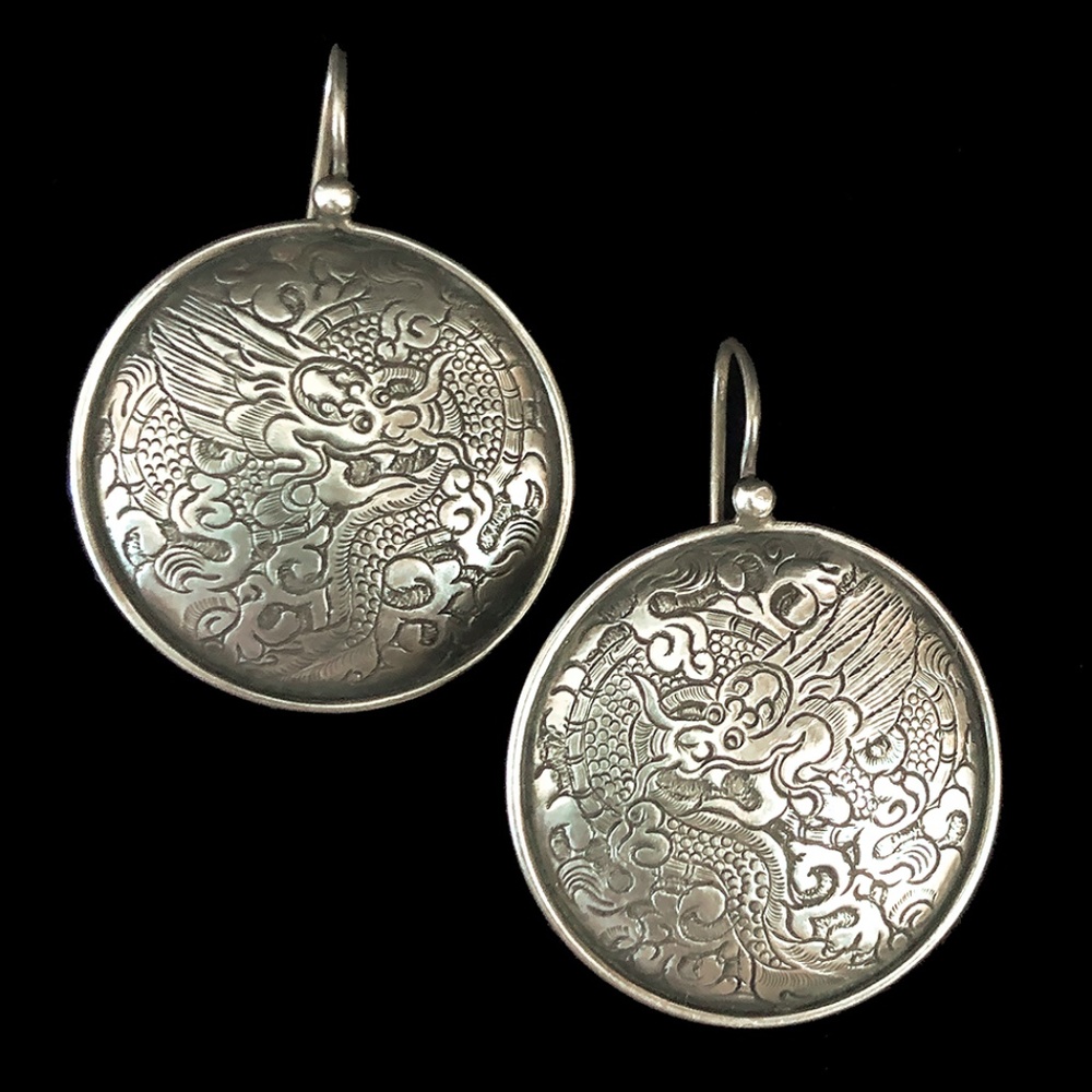 SILPADA Sterling Silver Etched Asian Dragon Circle Disc Earrings - W1228